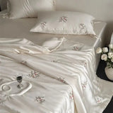 Qfdian 60S Lyocell Bamboo Fiber Flower Embroidery Summer Quilt Bedding Set Soft Silky Thin Comforter Blanket With Bed Sheet Pillowcases