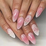 Qfdian  24pcs Press on Fake Nails Set Almond Wearable Simple French Flower False Nail Art Gold Beads Design Diamond Manicure Tips