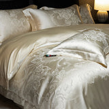 Qfdian 4Pcs Champagne Silk Damask Jacquard Egyptian Cotton Patchwork Luxury Bedding Set Duvet Cover Flat/Fitted Bed Sheet Pillowcases