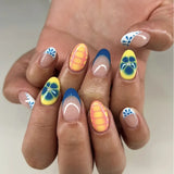 Qfdian  24pcs Sweet Pink Flower Press On Nails Glossy Short Almond Full Cover Stick-on Nails Gold Stripe Blush Artificial False Nails