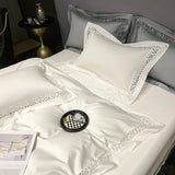Qfdian  Premium 1200TC Egyptian Cotton Hollow Wide Edge Luxury Bedding Set Soft Duvet Cover Set Flat Bed Sheet Pillowcases 4Pcs