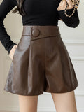 Qfdian  y2k Irregular Waist PU Shorts Women New Wide Leg A-Line Black Shorts Harajuku Loose Casual Faux Leather Shorts Female