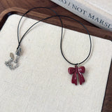 Qfdian   Y2K Fashion Vintage Red Bow Pendants Rope Chain Necklace For Women Girls Gothic Charm Birthday Party Jewelry Accessories