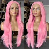 Qfdian Hot Pink Long Straight Layered Wigs for Women Synthetic Lace Front Wig Natural Wavy Hair Long pink Wigs for Daily Party Cosplay