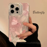 Qfdian Pink Butterfly Laser Phone Case For Apple IPhone 15 11 13 14 12 Pro Max 16 Plus SE2 3 X XR XS Max 8 7 Plus Lens protection Cover