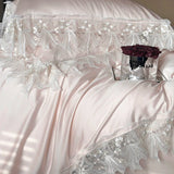 Qfdian Romantic Lace Princess Wedding Bedding Set 1000TC Lyocell Cotton Soft Silky Duvet Cover Bed Sheet/Fitted Sheet Pillowcases 4Pcs