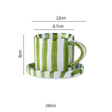 Qfdian  280ml/9.5oz afternoon tea coffee cup, Minimalist striped hand drawn cup and plate set, ceramic milk coffee cup, household drinki