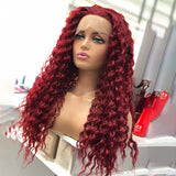 Qfdian Red Wig Deep Curly Synthetic Lace Front Wig Glueless Afro Kinky Curly Burgundy Colored Hair Lace Frontal Wigs for Women Party