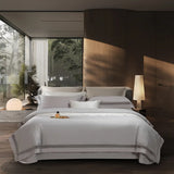 Qfdian 4Pcs Luxury 1000TC Egyptian Cotton White Hotel Style Bedding Set Hollow Wide Edge Duvet Cover Bed Sheet Fitted Sheet Pillowcases