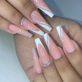 Qfdian 24Pcs Extra Long Square Fake Nail with Glue 3D Little Bear Bow Design False Nails White French Press on Nails Wearable Manicure