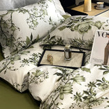 Qfdian Vintage Green Botanical Flowers Duvet Cover Set 600TC Egyptian Cotton Luxury Soft Bedding Set Fitted Sheet Bed Sheet Pillowcases