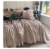 Qfdian Vintage Rose Oil Painting Style Ruffles Egyptian Cotton Bedding Set Duvet Cover Bed Sheet/Bed Skirt/Fitted Sheet Pillowcase 4Pcs