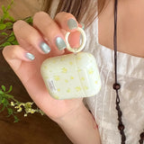Qfdian Korea Cute Full Yellow Flower Gloss Soft Protection Case For Apple AirPods 1 2 3 4 Pro 2 Cover Shockproof Funda With Keychain