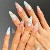 Qfdian  24pcs Long Stiletto Press on Nails Hot Girl Almond False Nails Nude Flower Rhinestones Full Cover Fake Nail Finished Manicure