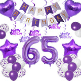 Qfdian  Purple White Foil Birthday Number Decorations Happy Birthday Banner Purple Happy Birthday Swirls Foil Heart Star Latex Balloons