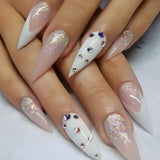Qfdian  24pcs Long Stiletto Press on Nails Hot Girl Almond False Nails Nude Flower Rhinestones Full Cover Fake Nail Finished Manicure
