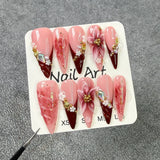 Qfdian  Blush Cherry Blossom 3D Press On Nails Soft Romantic  Gradient Pink Burgundy Gold Foil Multiple Sizes Rhinestone Pearl Design