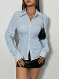Qfdian  Women Striped Button Down Shirt Slim Fit Long Sleeve Streetwear Office Work Commuting Casual Button Collar Shirt