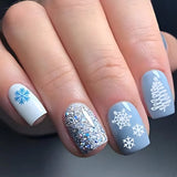 Qfdian  24pcs Merry Christmas Press On Nails Glitter Blue Short Square False Nail With Snowflake Designs French Fake Nail For Women