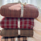 Qfdian  ‌Korean-Style Red Plaid Washed Bedding Set - Vintage Lace Trim 4-Piece/3-Piece Dorm Sheet & Duvet Cover Set