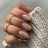 Qfdian 24Pcs Golden French Fake Nail with Almond Head Design Simple Oval False Nails Wearable Press on Nails Full Cover Nail Tips