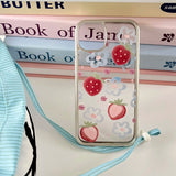 Qfdian 3D strawberry chain painting blue flower fruit phone case for iphone 12 15promax 14pro 13pro 15 pro max ins plating cover coque