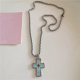 Qfdian  Gothic Blue Cross Pendant Sliver Color Chain Necklace For Women Men Fashion Trendy Punk Y2K Charms Hip Hop Jewelry Accessories