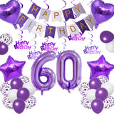 Qfdian  Purple White Foil Birthday Number Decorations Happy Birthday Banner Purple Happy Birthday Swirls Foil Heart Star Latex Balloons