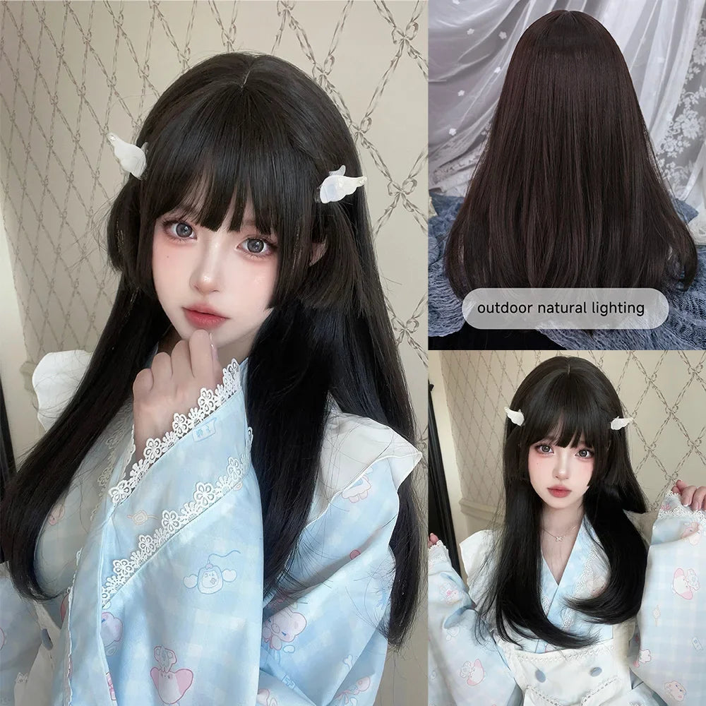 Qfdian 22Inch Black Lolita Hime Cut Synthetic Wigs with Bang Long Natural Straight Hair Wig for Women Daily Use Cosplay Heat Resistant