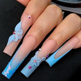 Qfdian  24Pcs Long Coffin False Nails Pink French Flowers Design Fake Nail with Butterfly Rhinestone Wearable Ballet Press on Nails