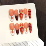Qfdian  10pcs Handmade Press on Nails Autumn Retro Leopard Print False Nails Wearable Detachable French Oval Head Fake Nail Tips