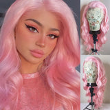 Qfdian Light Pastel Pink Lace Front Synthetic Frontal Wigs for Women Long Wavy Loose Wave Curly Hair Wig Daily Party Cosplay