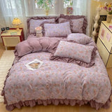 Qfdian  Korean Style Floral Double Gauze Bedding Set 3pcs/4pcs Soft Breathable Cotton Duvet Cover Sheet Girly Dorm Home Textile