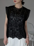 Qfdian  Hook Flower Hollow Shirt Lace Vest Korean Fashion Black Blouse  Summer Sleeveless Tops Transparent O-Neck Beige Shirt Female