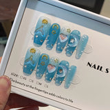 Qfdian  10Pcs Pink Coffin Handmade Press On Nails Moon Stars False Nails Sweet Bow Diamond Design Full Cover Ballet Fake Nails Press On