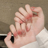Qfdian  10pcs Glossy Pink Cat's Eye Press On Nails Hand Painted Pear Flower False Nail Full Cover Wearable Korean Style Fake Nail Patch