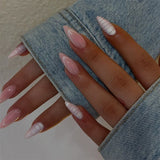 Qfdian  24pcs Long Stiletto Press on Nails Hot Girl Almond False Nails Nude Flower Rhinestones Full Cover Fake Nail Finished Manicure