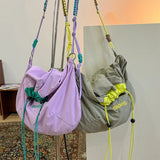 Qfdian Korean Style Solid Color Drawstring Bucket Bag Wrinkle Nylon Crossbody with Large Capacity And Adjustable Shoulder Strap