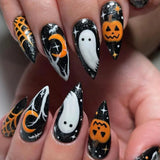 Qfdian  24Pc Halloween False Nails with Almond Head Designs Cute Clown Fake Nails French Full Cover Manicure Press on Nail Tips for Girl