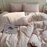 Qfdian  Nordic Bedding Set Pure Cotton Striped Duvet Cover Set Soft Flat Sheet Single Queen Size Double Bed Sheet Set For Bedroom Decor