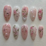 Qfdian  24pcs Press on Fake Nails Set Almond Wearable Simple French Flower False Nail Art Gold Beads Design Diamond Manicure Tips