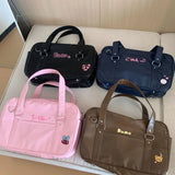Qfdian Pu Leather Girls All Match Top-Handle Bags Preppy Sweet Y2k Women Jk Bag Japanese Kawaii Cute Embroidery Handbags Streetwear