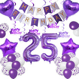Qfdian  Purple White Foil Birthday Number Decorations Happy Birthday Banner Purple Happy Birthday Swirls Foil Heart Star Latex Balloons