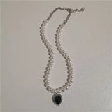 Qfdian  Kpop Vintage Goth Punk Heart Pendant Chain Pearl Metal Necklace For Women Collares Aesthetic Grunge EMO Jewelry Y2K Accessories