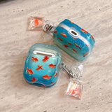 Qfdian sea blue goldfish pattern silicone wave earphone case for airpods 1 2 3 4 pro pro 2 protection cover lovely  koi fish pendant