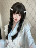 Qfdian 22Inch Black Lolita Hime Cut Synthetic Wigs with Bang Long Natural Straight Hair Wig for Women Daily Use Cosplay Heat Resistant