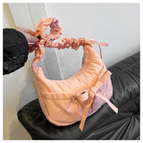 Qfdian Women Ins Casual Sweet Kawaii Bow Handbags Pleated Y2k Aesthetic Vintage Underarm Bag Fashion All Match Shoulder Crossbody Bags
