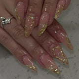 Qfdian 24Pcs Golden French Fake Nail with Almond Head Design Simple Oval False Nails Wearable Press on Nails Full Cover Nail Tips