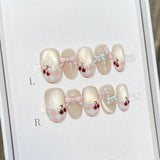 Qfdian  10PCS Handmade Press on Nails Sweet Cute Bow Decor Short Cat Eyes False Nails for Girl Women Wearable Reusable Ins Fake Nails