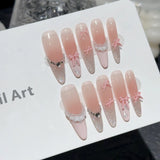 Qfdian  10pcs Handmade Pink Bow Pearl Fake Nails Sweet Shiny French Press on Nails for Lady Girl Wearable Korean Girl Fake Nail Tips